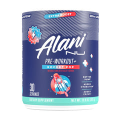 Alani Nu Pre Workout+ Rocket Pop tub for sustained energy during workouts