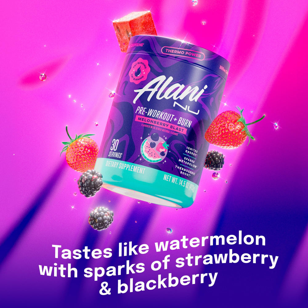 Alani Nu Pre-Workout Burn bottle label highlights vegan and gluten-free credentials.