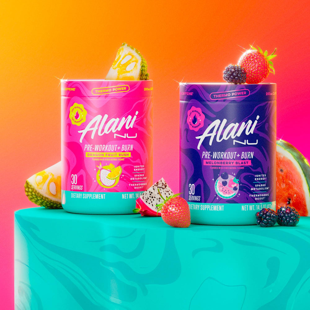 Alani Nu Pre-Workout Burn powder dissolving in water with Melonberry flavor.