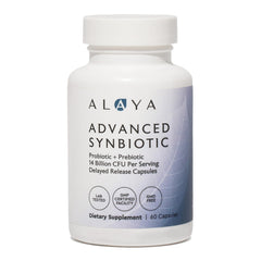 Alaya Naturals Advanced Synbiotic bottle front highlighting clean packaging for gut support.