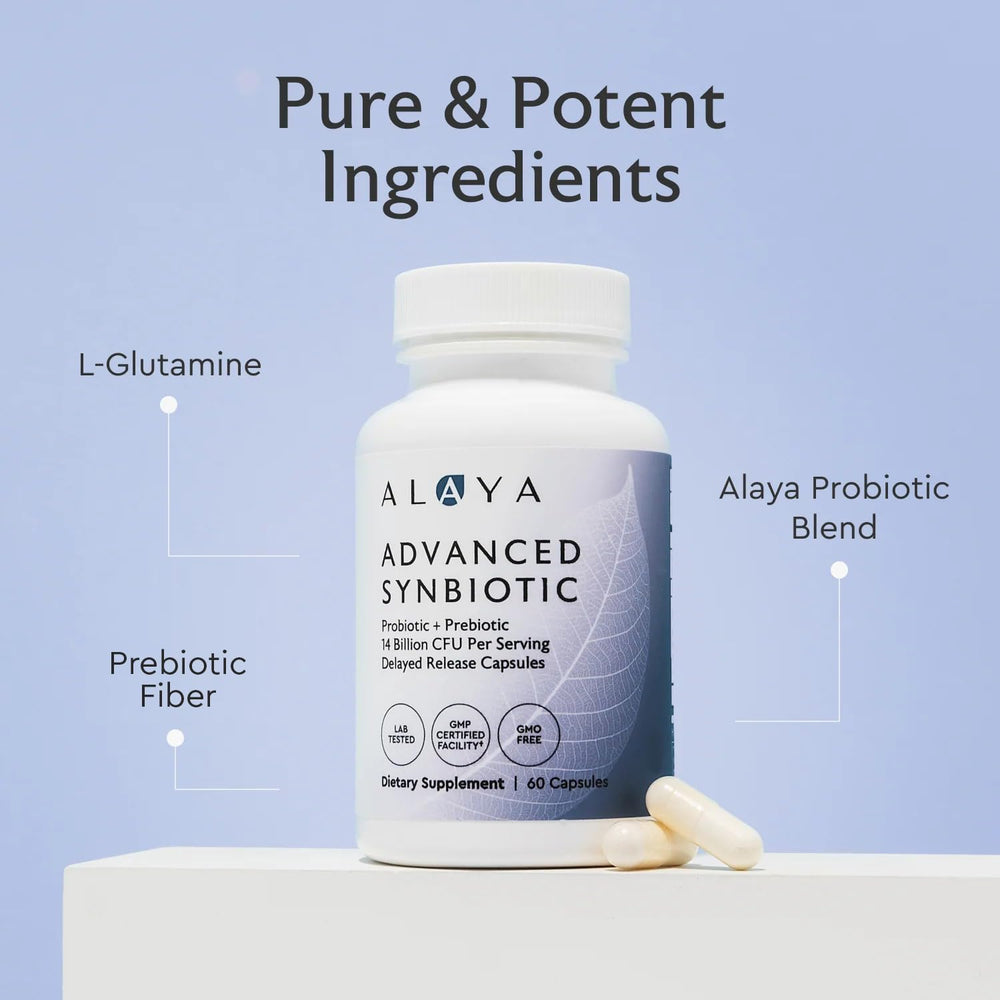 Alaya Naturals Advanced Synbiotic capsules closeup showing delayed-release design for survivability.