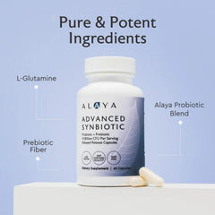 Alaya Naturals Advanced Synbiotic capsules closeup showing delayed-release design for survivability.