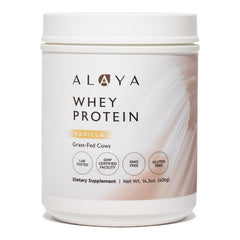 Alaya Naturals grass-fed whey vanilla bottle for easy post-workout nutrition