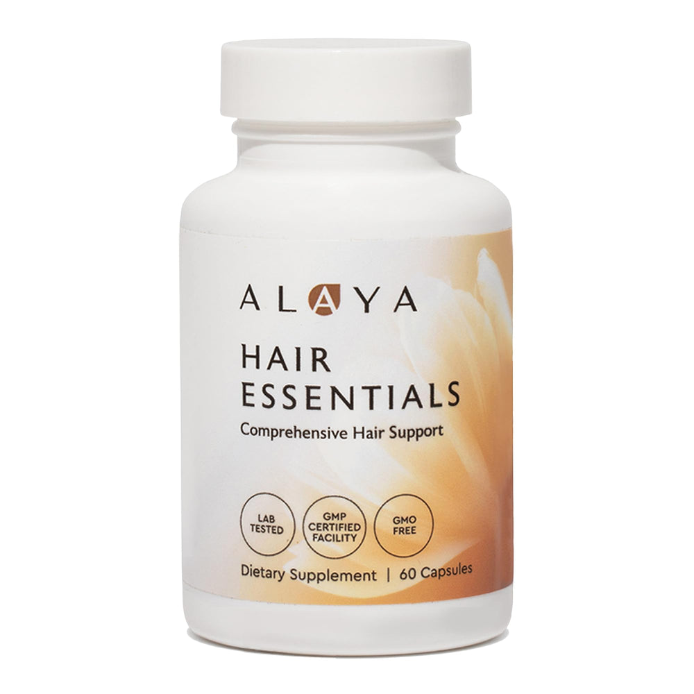 Alaya Naturals Hair Essentials bottle front supports healthier-looking hair.