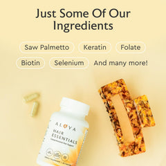 Alaya Naturals Hair Essentials ingredients label highlights keratin, biotin, and vitamins.