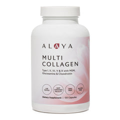 Alaya Naturals hydrolyzed collagen capsules bottle showing multi-source blend for skin glow