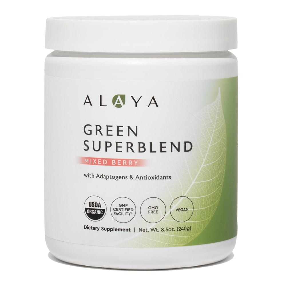 Alaya Naturals Organic Super Greens Powder bottle pour, convenient daily nourishment for busy mornings.