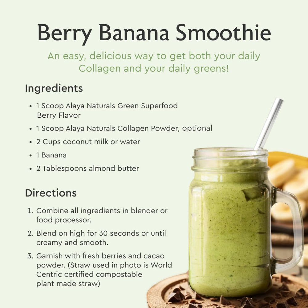 Alaya Naturals Organic Super Greens Powder mixed berry smoothie scene, flavorful energy boost.