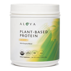 Alaya Naturals vanilla protein tub front, ideal for quick smoothies and post workout shakes.