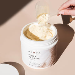 Alaya Naturals vanilla whey protein scoop demonstrates quick shake preparation