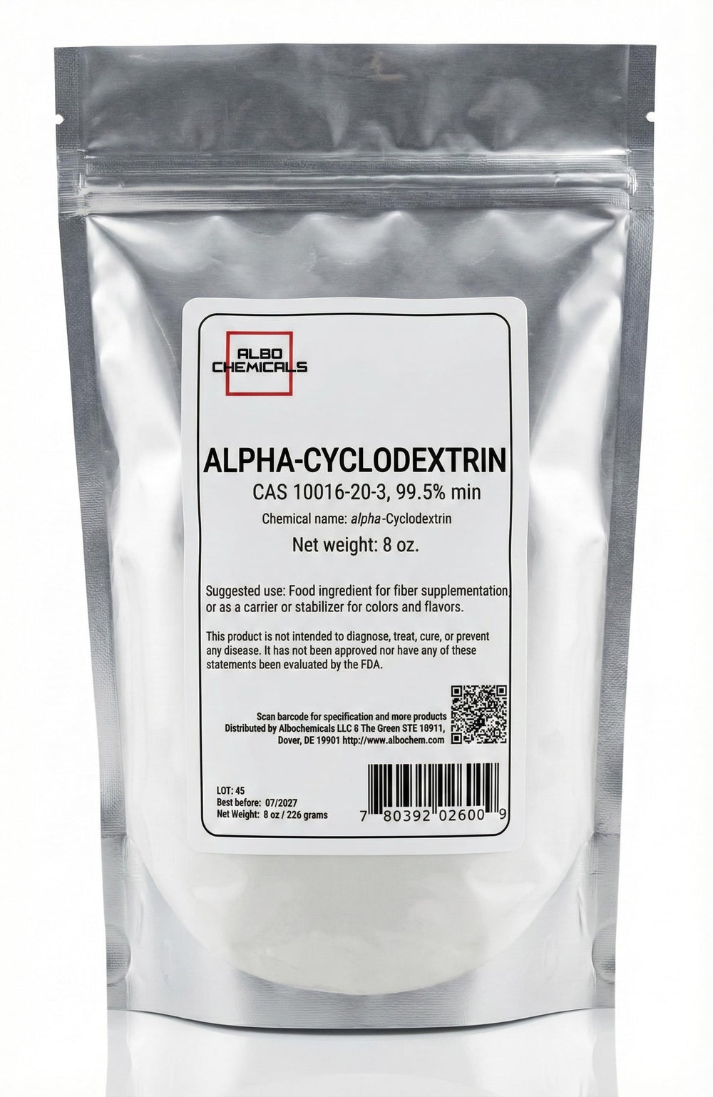 Albochemicals Alpha-cyclodextrin bottle, 8 oz, a versatile fiber ingredient for recipes.
