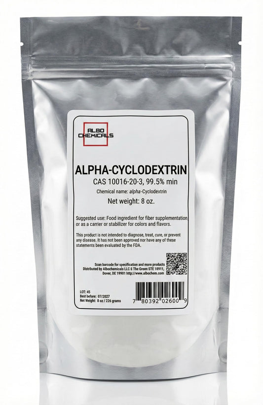 Albochemicals Alpha-cyclodextrin bottle, 8 oz, a versatile fiber ingredient for recipes.