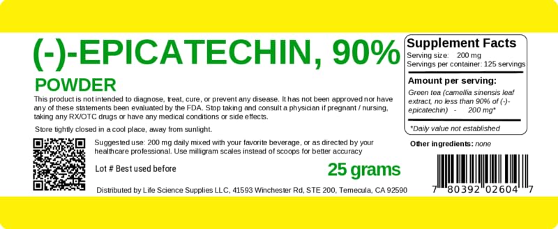 Albochemicals Epicatechin 90% powder label detail highlighting ingredients.