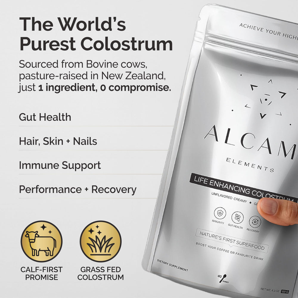 alcami elements colostrum powder pour showing convenient daily use