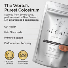 alcami elements colostrum powder pour showing convenient daily use