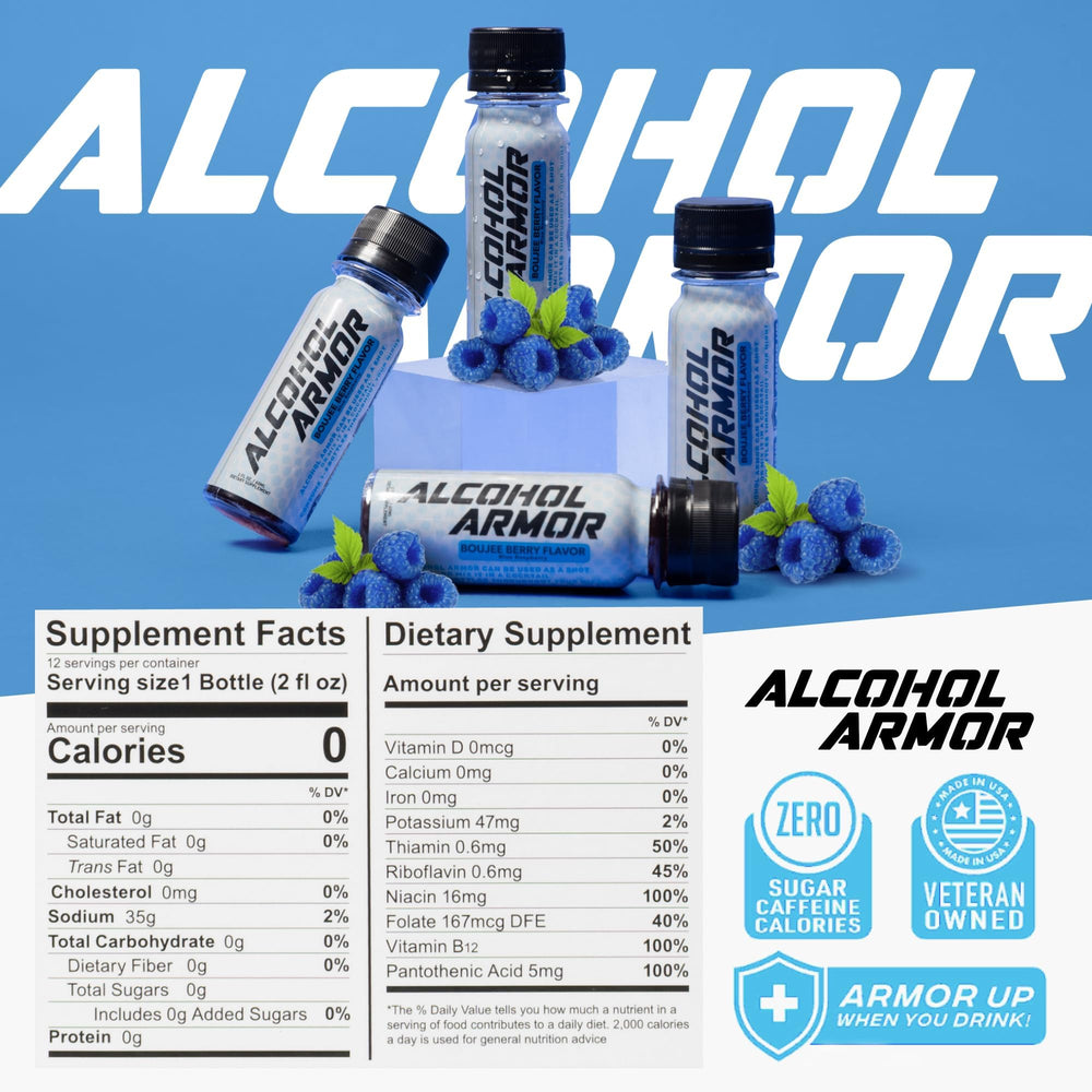 Alcohol Armor bottle and glass showing ready-to-drink option for before, during, or after drinking.