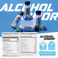 Alcohol Armor bottle and glass showing ready-to-drink option for before, during, or after drinking.