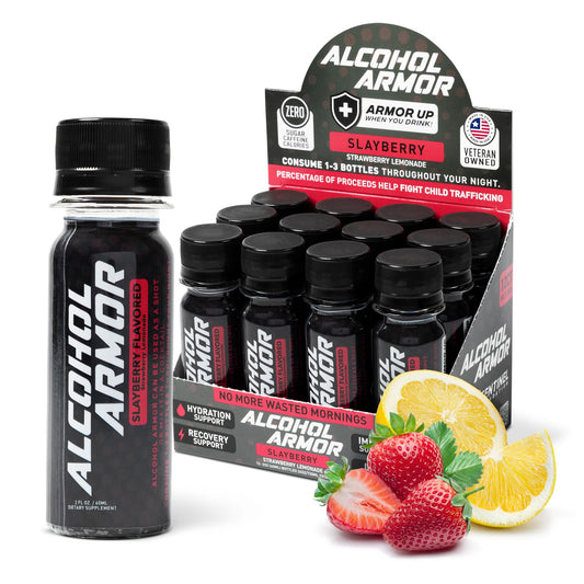 Alcohol Armor Recovery Shot bottle front for quick post-party hydration.