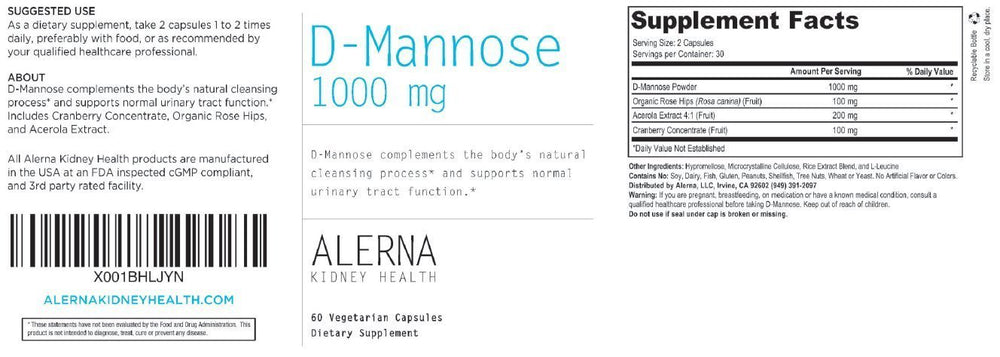 Alerna Kidney Health D-Mannose 1000mg organic rose hips illustration adds natural vitamin C.