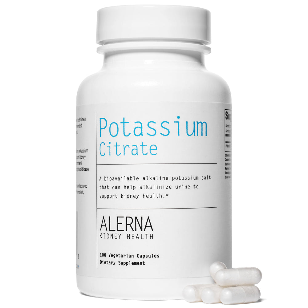 Alerna Potassium Citrate capsules closeup highlights easy-to-swallow vegetarian capsules for kidney health.
