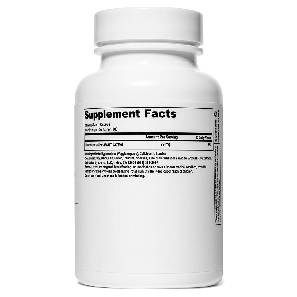 Alerna Potassium Citrate label information highlights gluten-free and dairy-free features for sensitive diets.