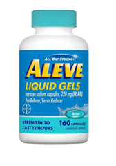 Aleve Liquid Gels bottle with Naproxen 220 mg for reliable pain relief.