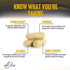 Alex Jones Naturals Atomic Defense sea moss capsules highlight natural ingredients for vitality.