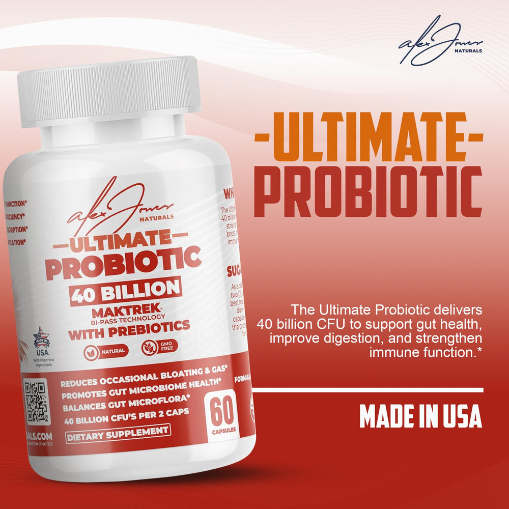 Alex Jones Naturals probiotic bottle packaging front communicates potency and shelf-stable design.