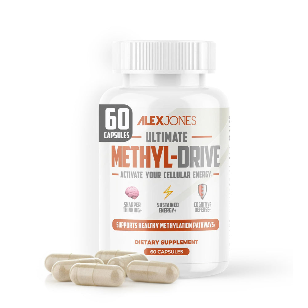 Alex Jones Naturals Methyl Drive bottle showing energy-supporting formula for mitochondria