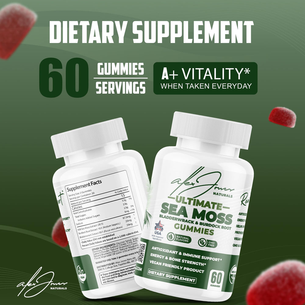 Alex Jones Naturals mineral-rich sea moss ingredients illustrate natural minerals from sea plants