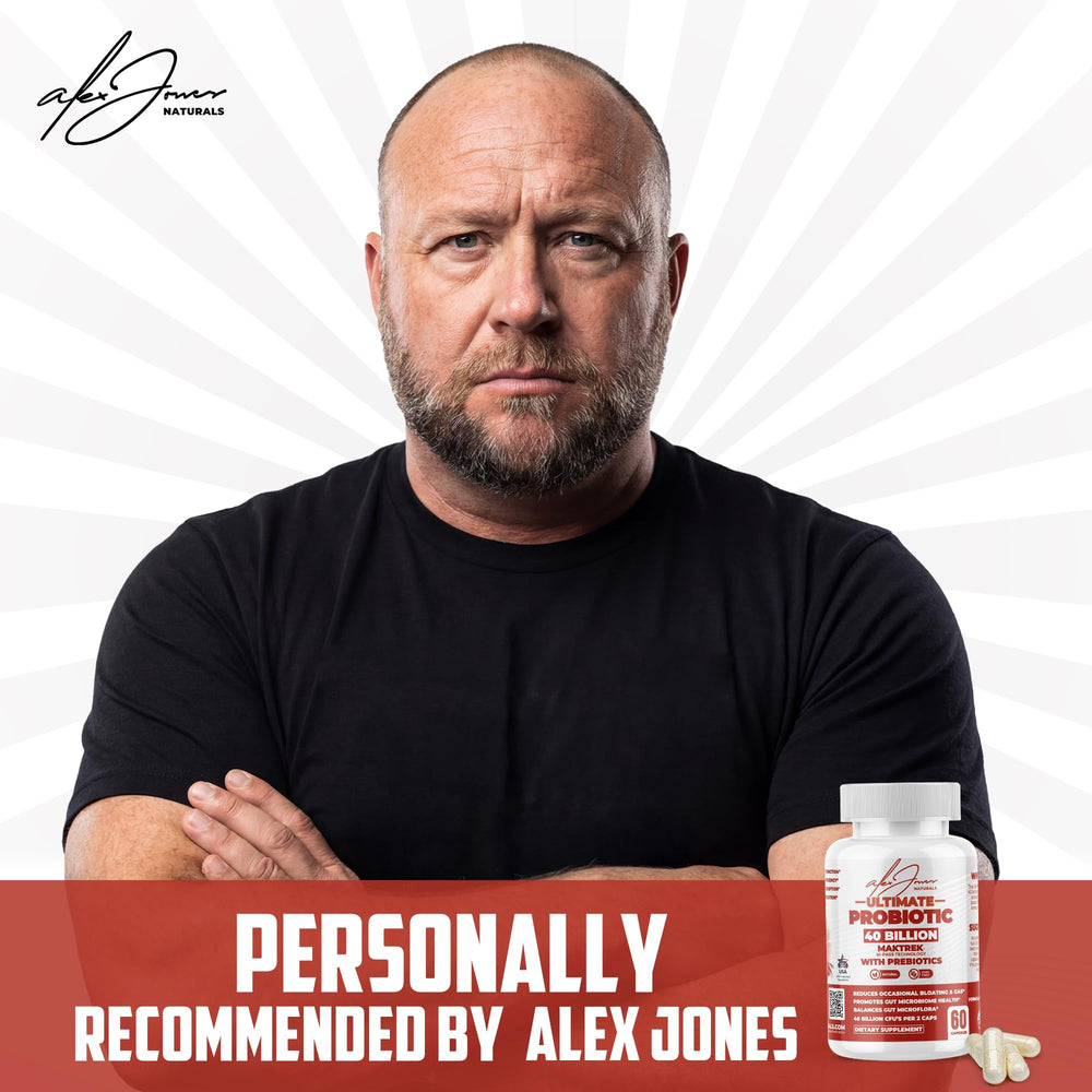 Alex Jones Naturals probiotic capsules closeup, showing vegan non-GMO capsules for digestion.