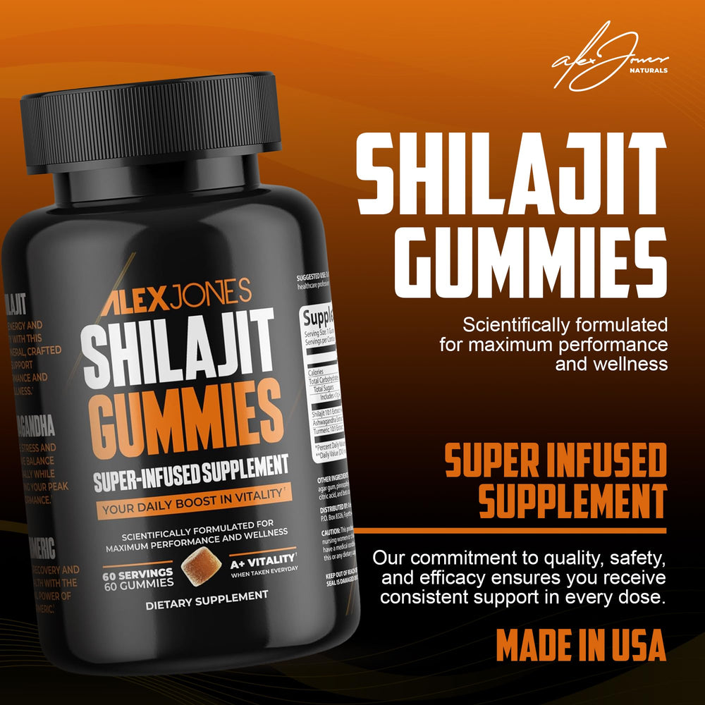 Alex Jones Naturals Shilajit Gummies label features Ashwagandha blend