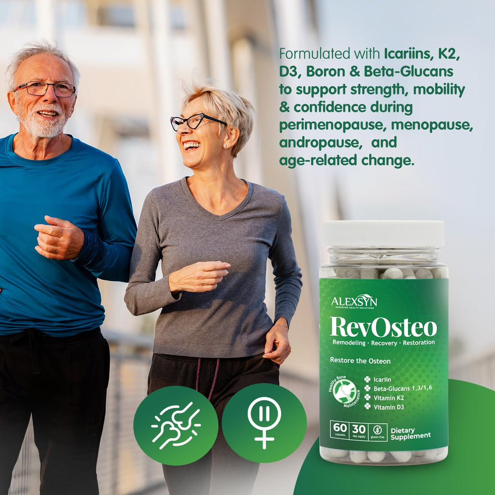 Alexsyn RevOsteo capsules close-up highlighting vegan and gluten-free formula.