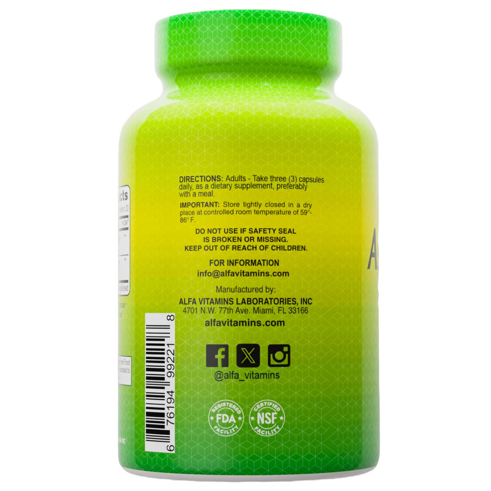 ALFA VITAMINS Ashwagandha ingredients emphasize gluten-free, non-GMO formulation.