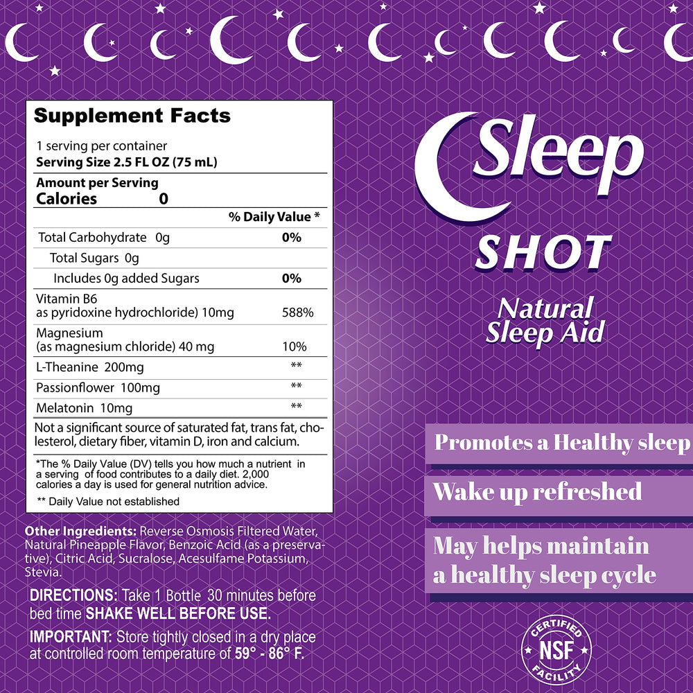 ALFA VITAMINS Sleep Shot label detail displaying ingredients and dosage.