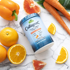 ALFA VITAMINS orange-flavored CollagenC dissolves easily in liquid for daily use.