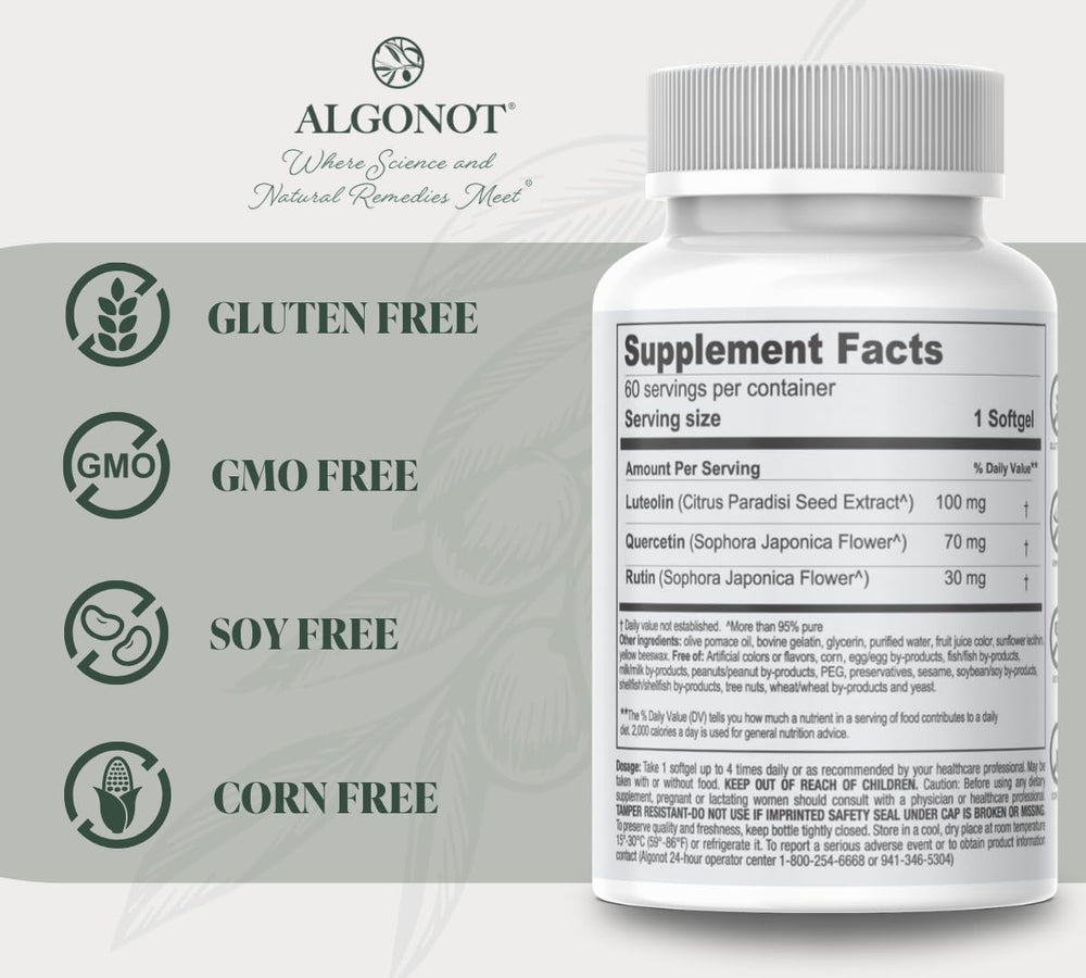 Front label shows luteolin, quercetin, and rutin in a single capsule.