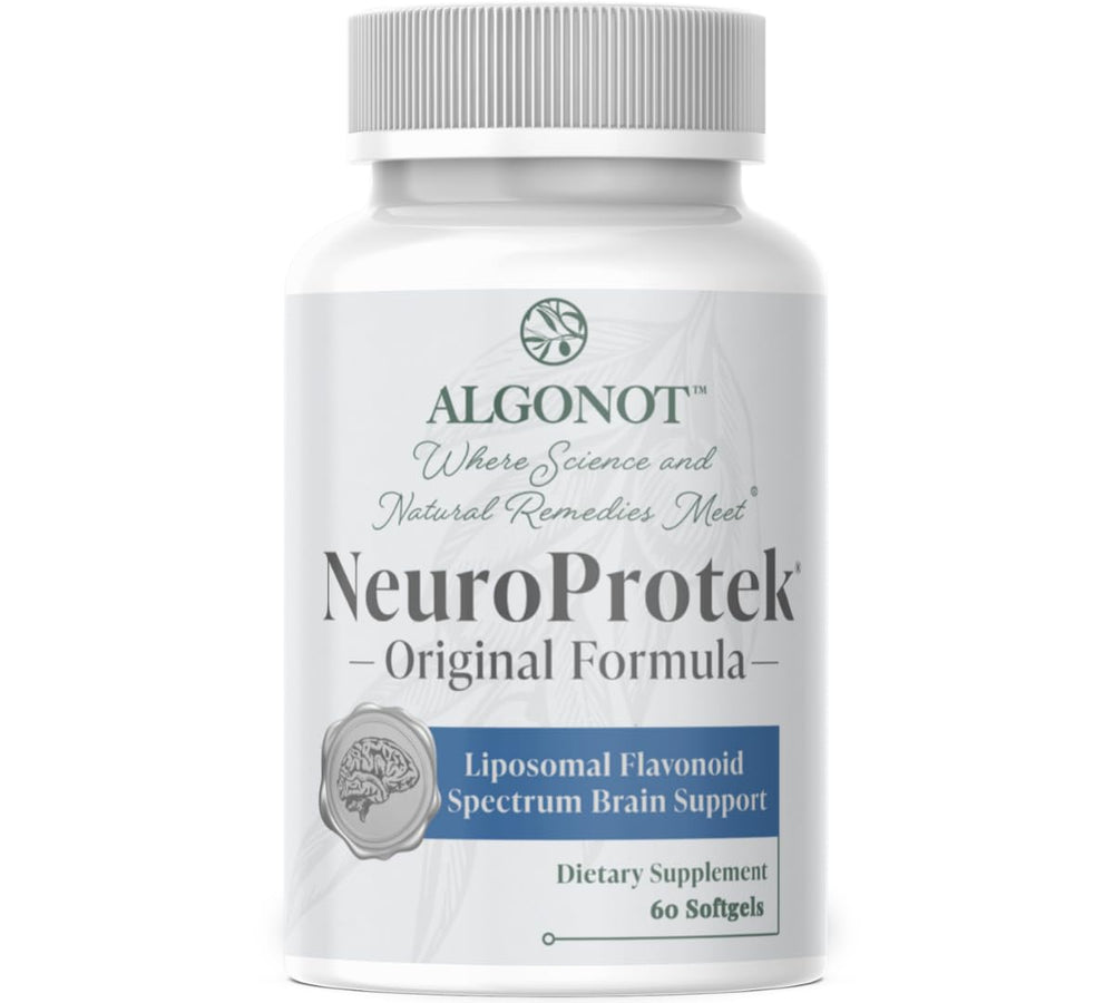 Algonot NeuroProtek softgel bottle reveals liposomal luteolin with olive pomace oil for daily wellness.