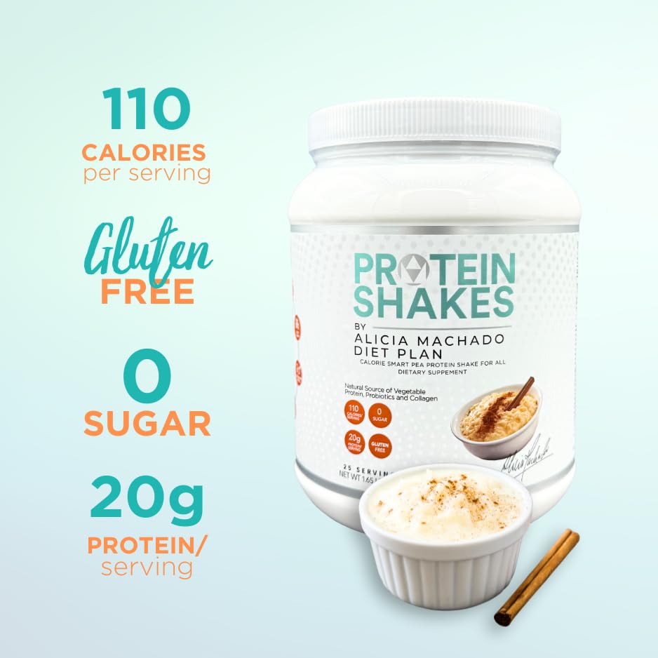 Alicia Machado Diet Plan Rice Pudding Shake packaging shot emphasizes vegan dairy-free formula.
