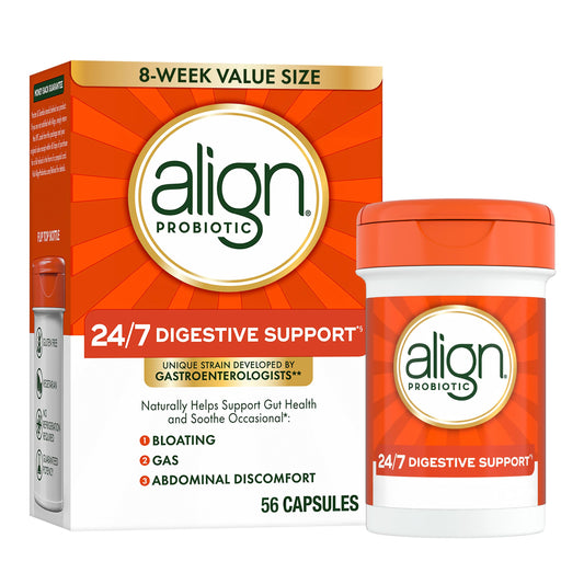 Align Probiotic bottle front promotes daily digestive balance for adults.