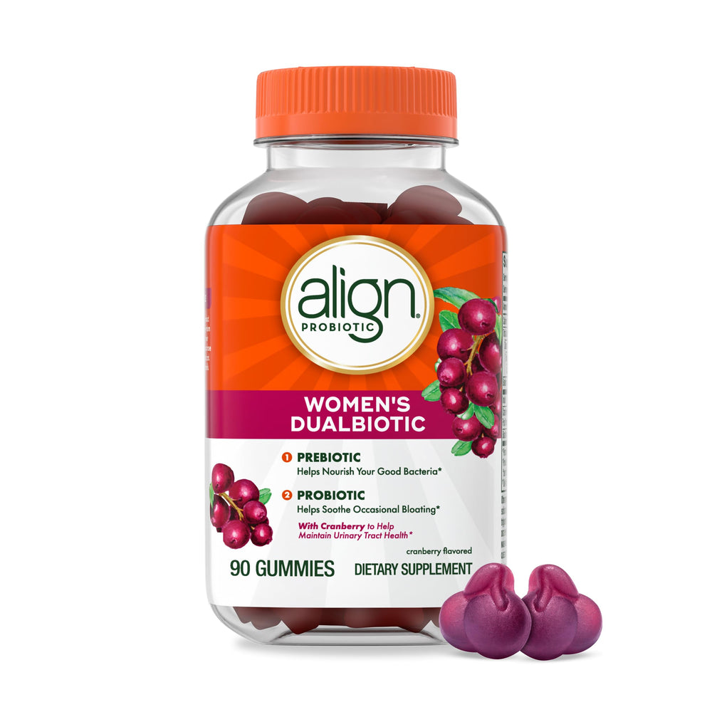 Align Probiotic Women’s Dualbiotic Gummies bottle with cranberry flavor for daily gut balance.