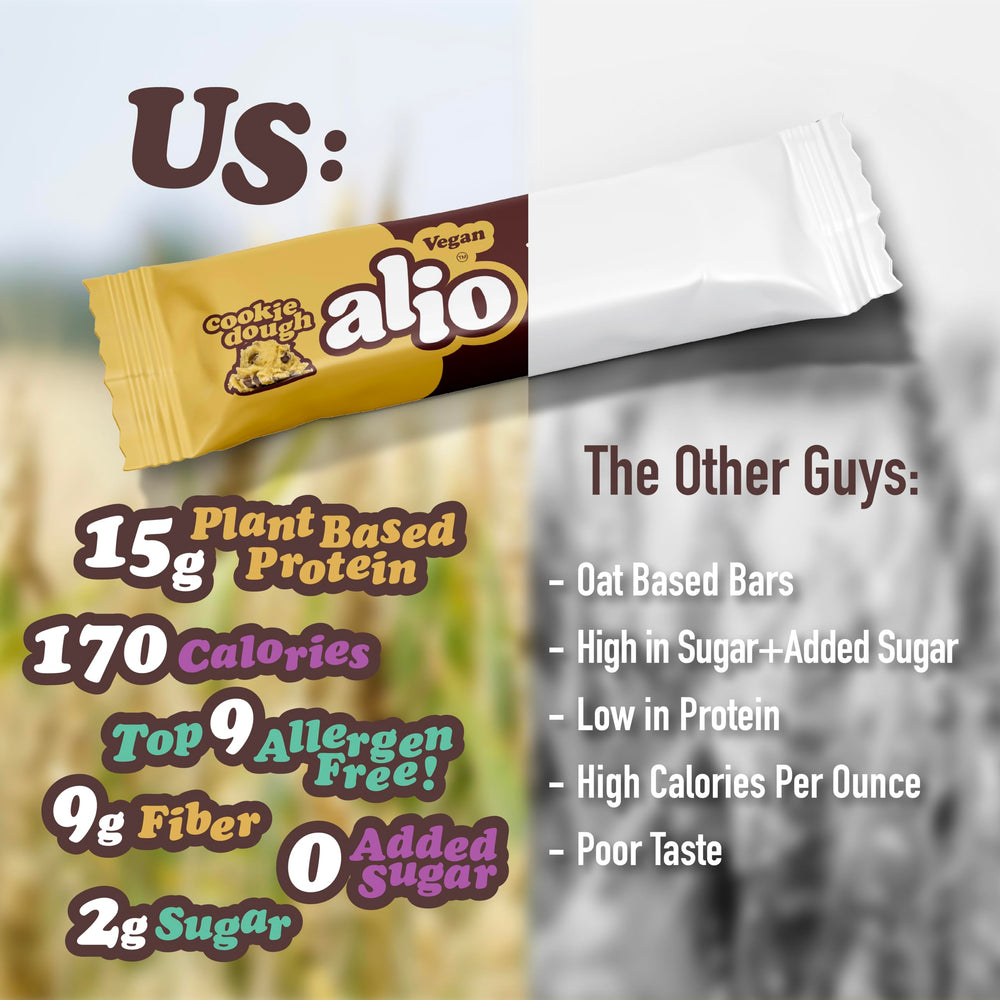 Alio Cookie Dough Bar nutrition label, highlights high protein and low sugar