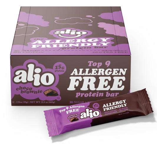 Alio Protein Bars Choco Brownie pack shot, allergen-free snack for on-the-go protein