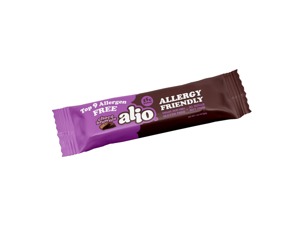 Alio Choco Brownie slice on desk, plant-based snack ready