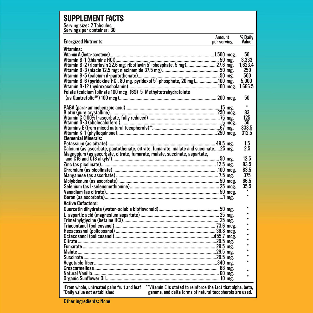 Alkaline for Life Energized Multi bottle-side highlights 40-nutrient formula for energy