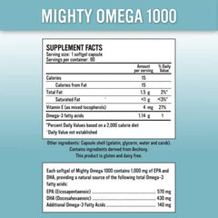 Alkaline for Life Mighty Omega 1000 softgel capsules on a countertop, burpless and easy on the stomach