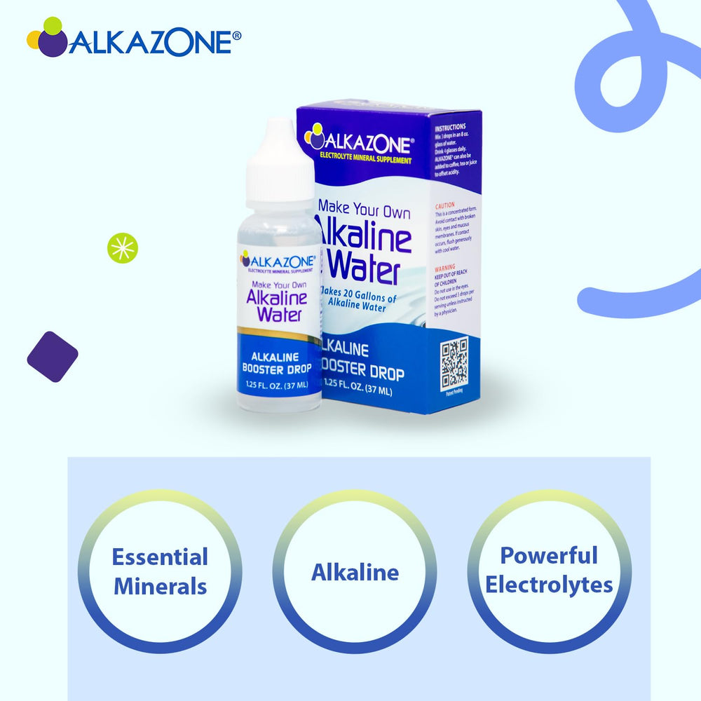 Alkazone colorless, odorless drops blend easily into water for an alkaline boost.
