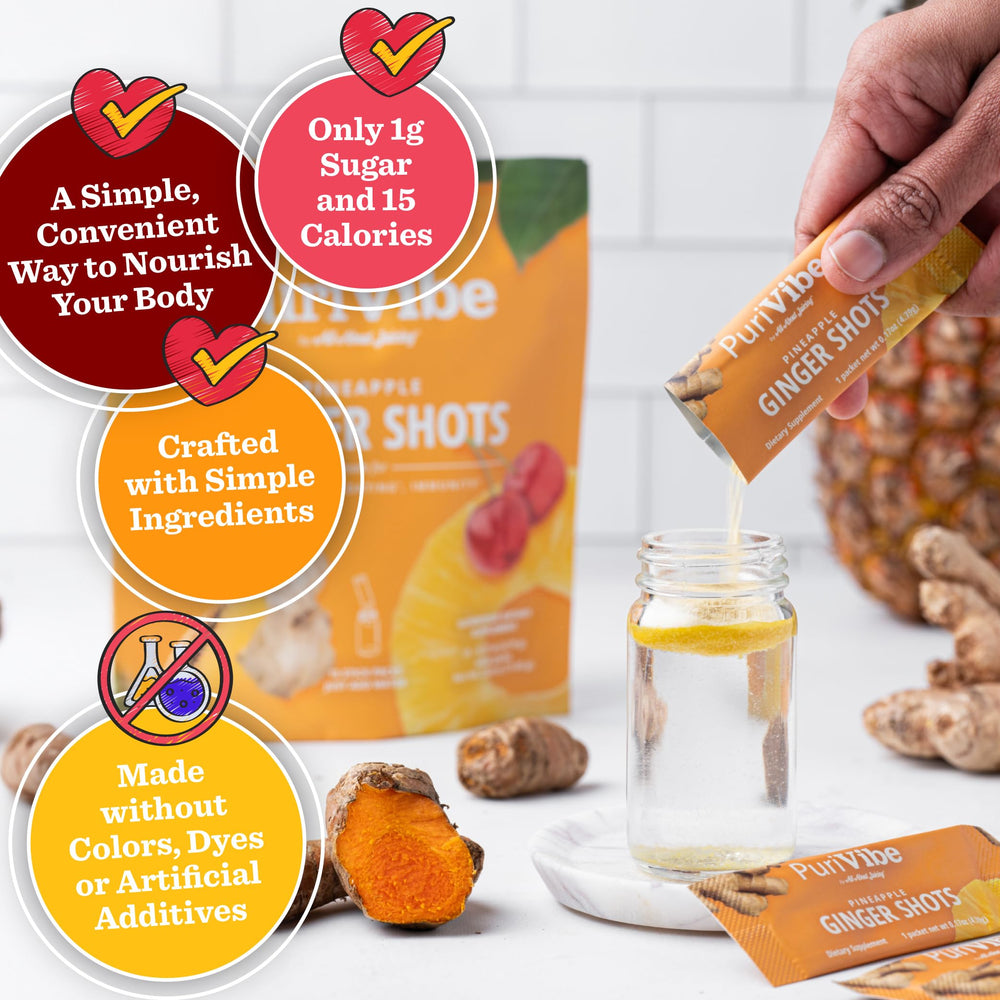All About Juicing pineapple-ginger-turmeric stick pack delivers tropical flavor.