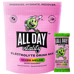 ALL DAY Vitality electrolyte packets in mixed melon for on-court endurance.