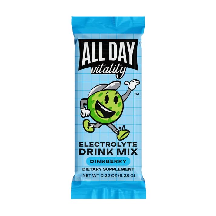 ALL DAY Vitality pickleball packets box on court ready for practice.